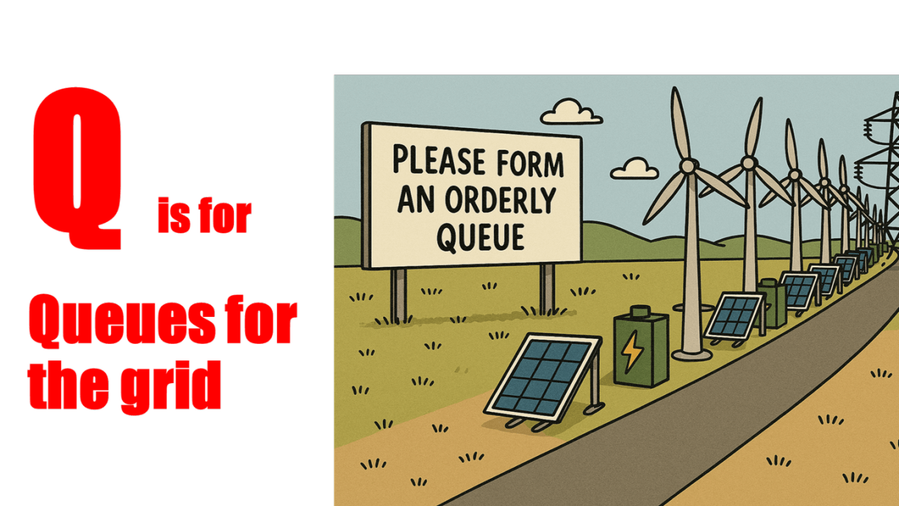 image of a line of solar panels, batteries and wind turbines